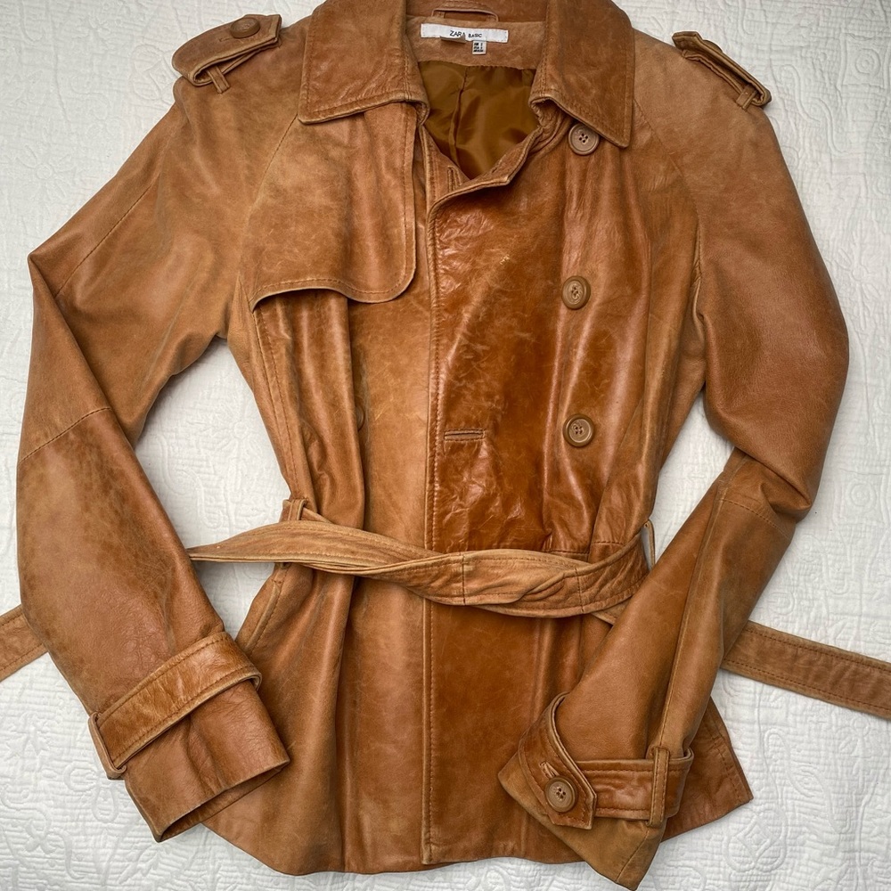 Zara genuine leather moto jacket SMALL: unworn cognac camel cropped belted